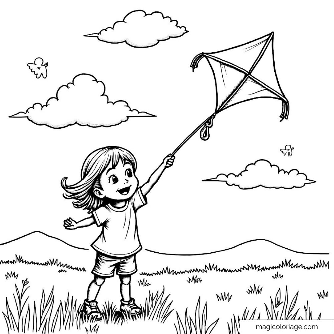 Enfant jouant avec un cerf-volant sous un ciel nuageux