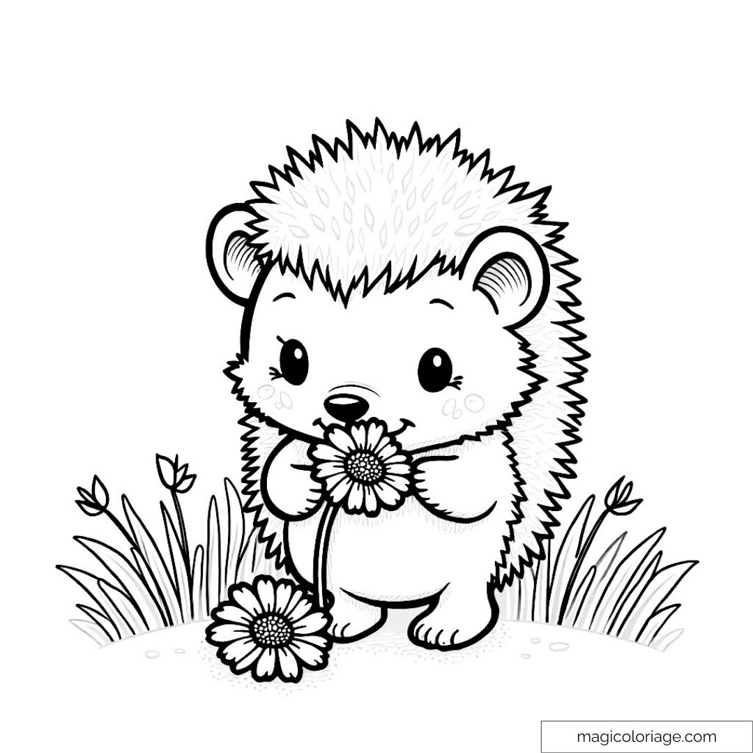 Dessin de hérisson mignon avec fleurs