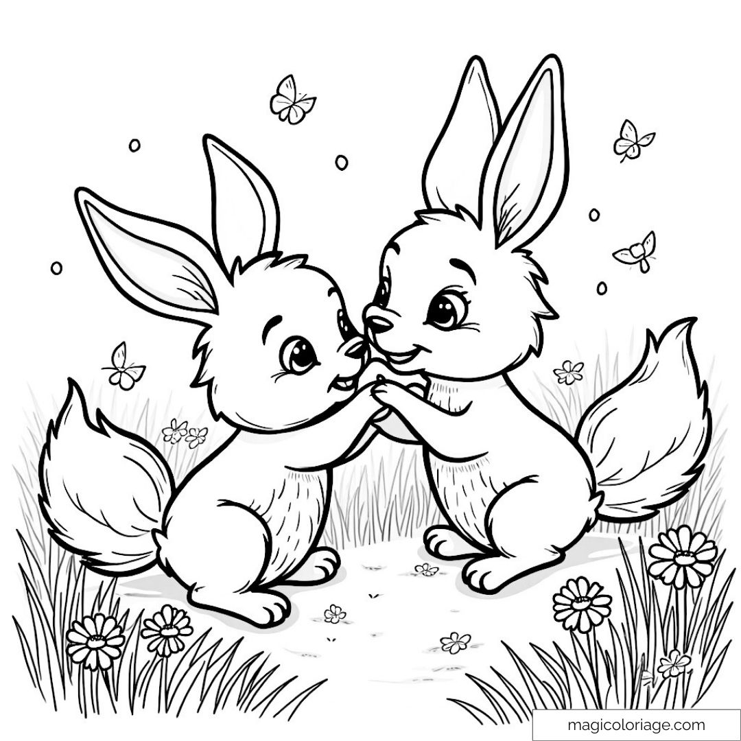 Dessin de deux lapins jouant dans un champ