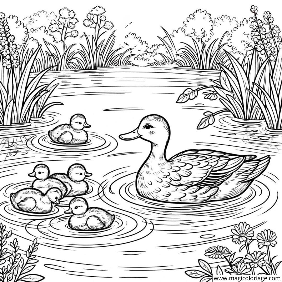 Canetons suivant leur mère à colorier