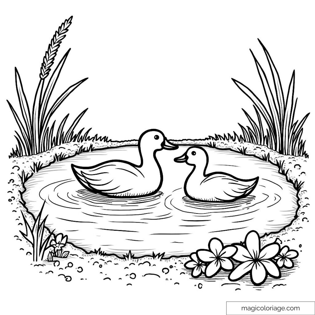 Dessin de deux canards dans un étang entouré de nature luxuriante.
