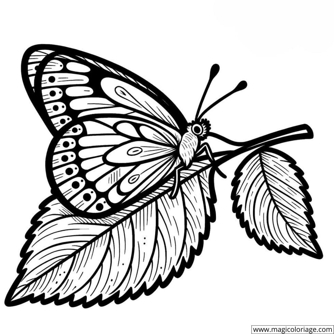 Papillon reposant sur une feuille à colorier