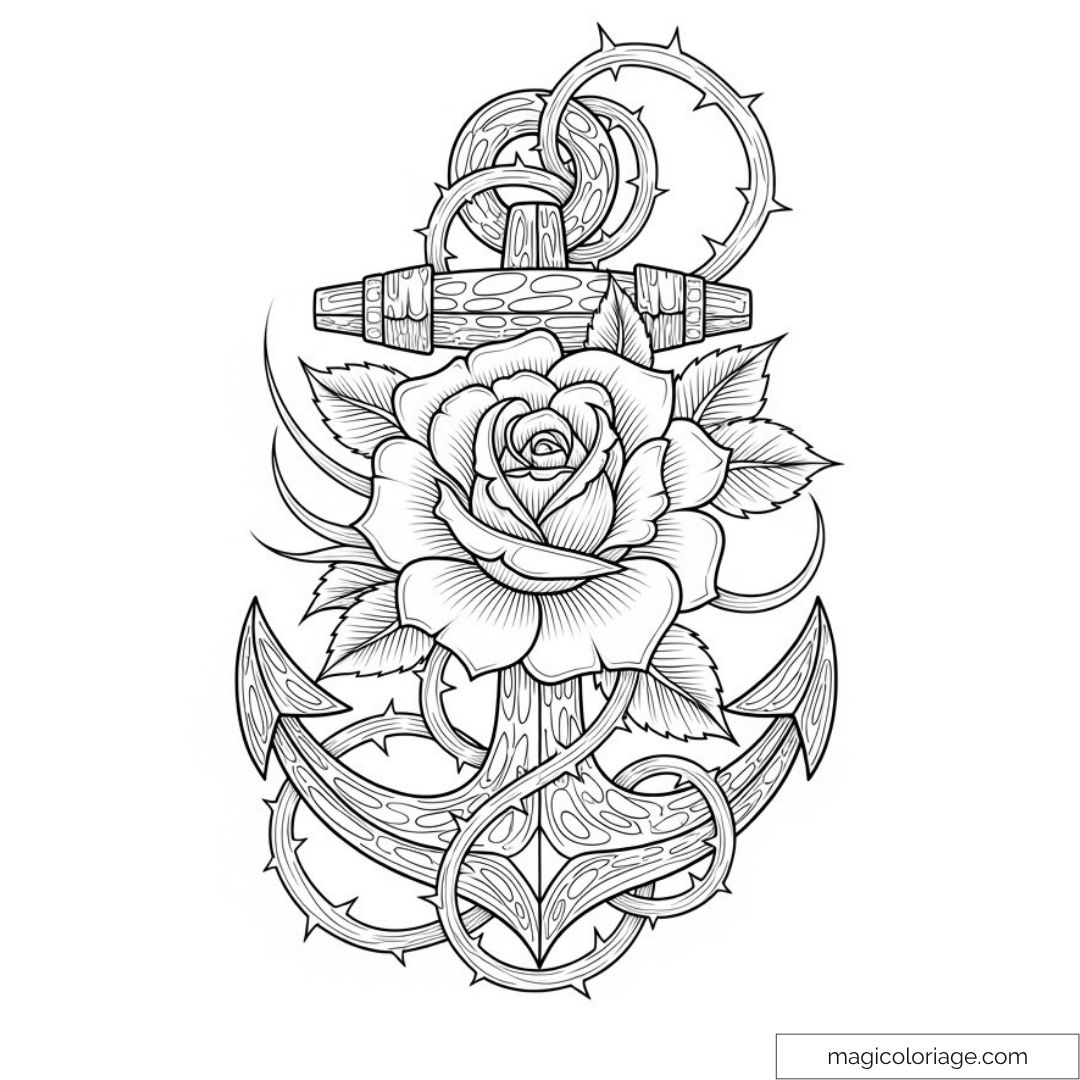 Rose et ancre avec détails complexes à colorier pour détente.
