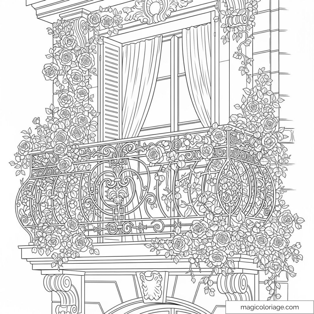 Balcon décoratif orné de roses luxuriantes à colorier.