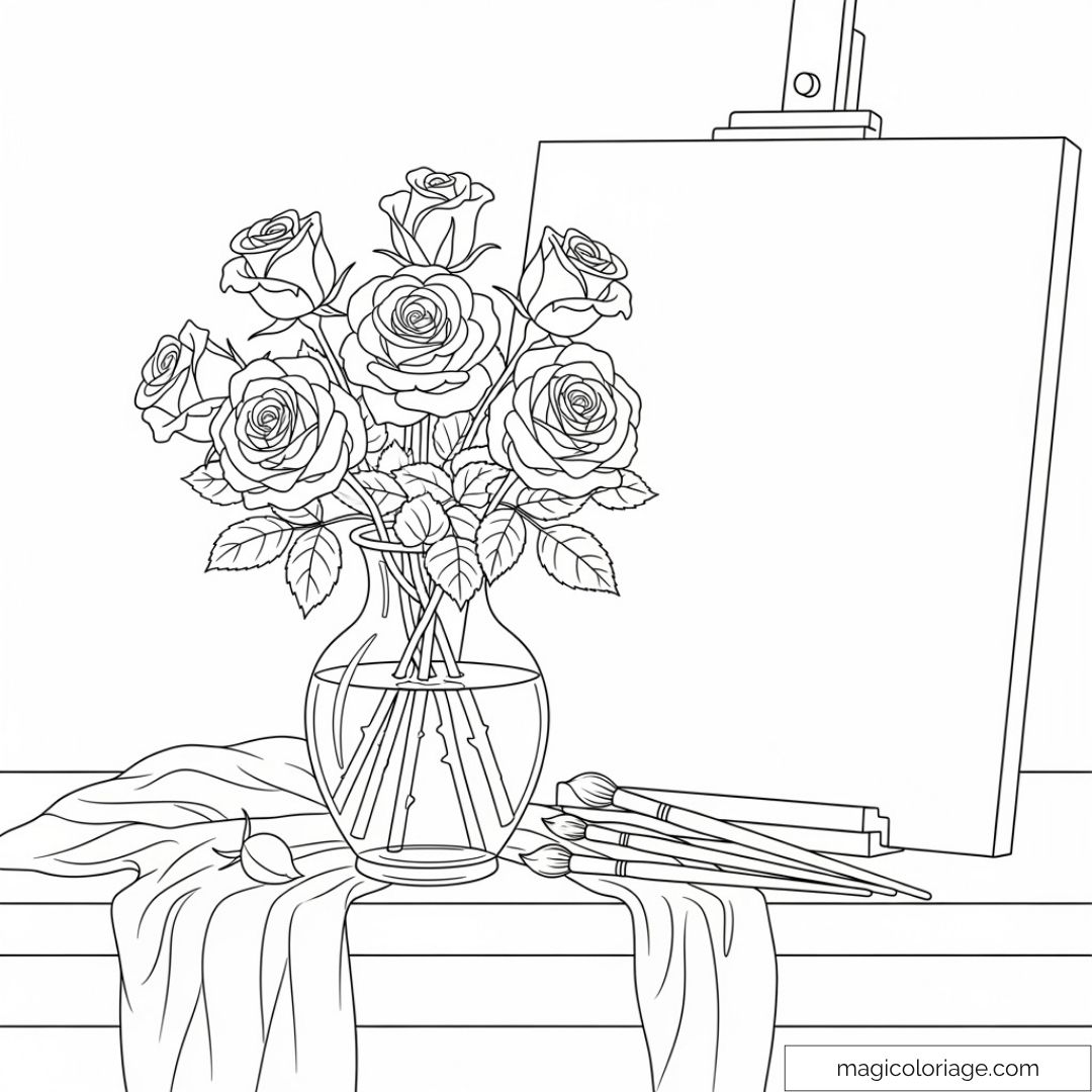 Vase avec des roses et pinceaux à colorier
