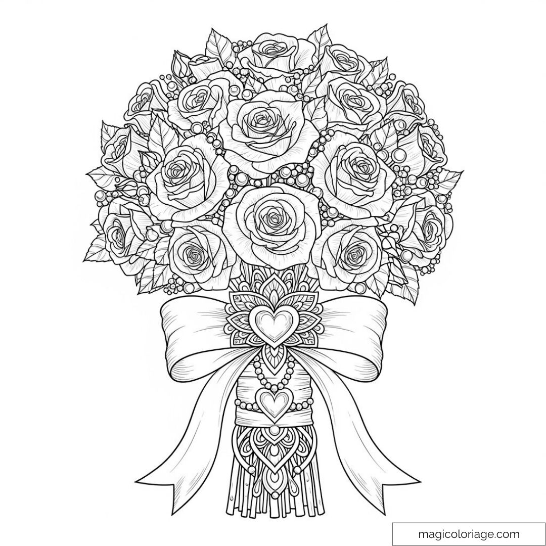 Bouquet de roses avec nœud décoratif et détails complexes à colorier.
