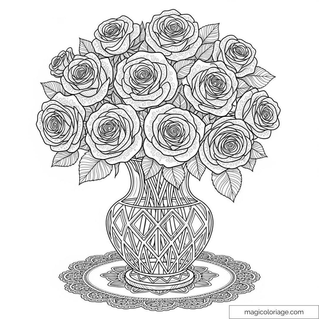Dessin de roses à colorier dans un vase décoratif