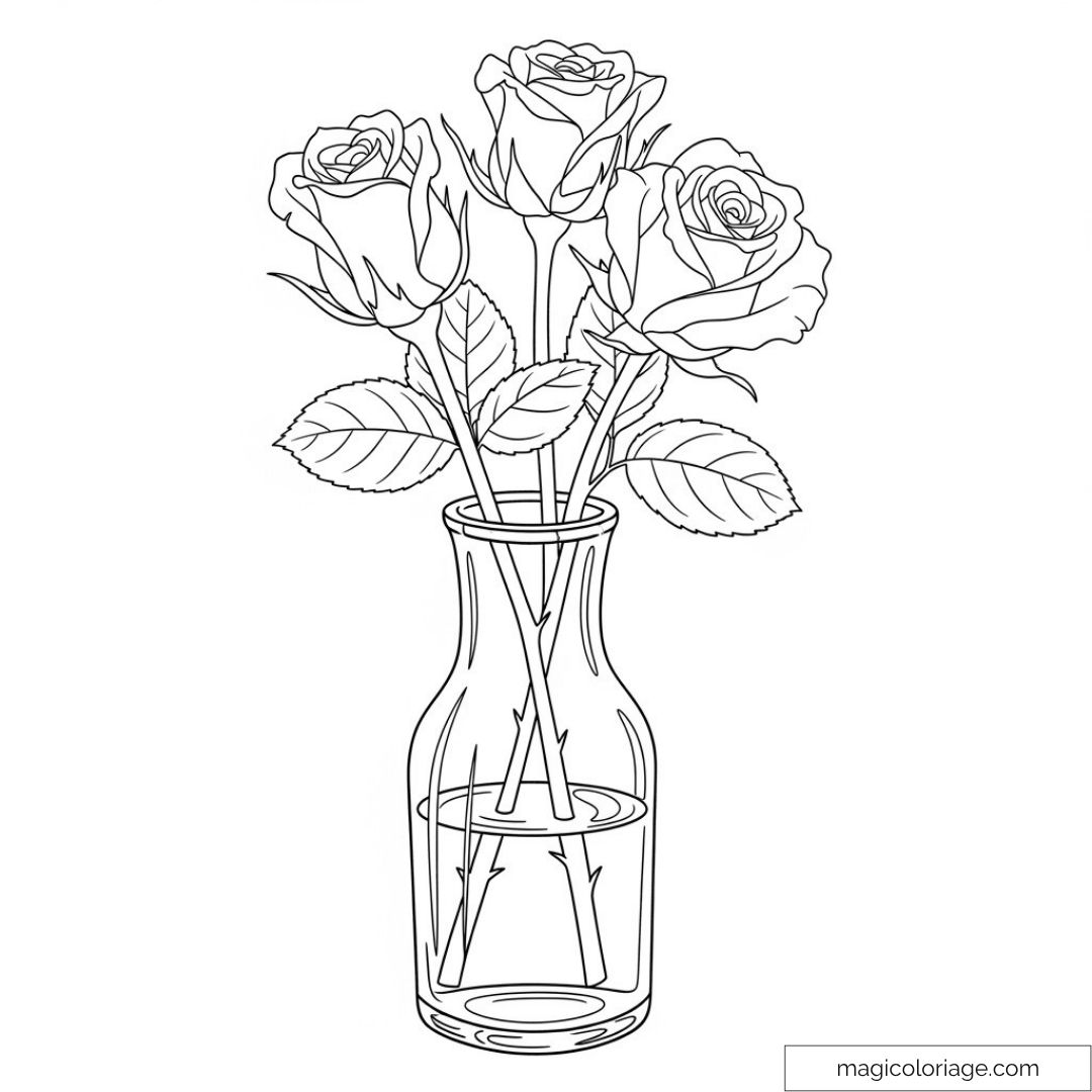 Bouquet de roses dans un vase à colorier pour relaxation créative.
