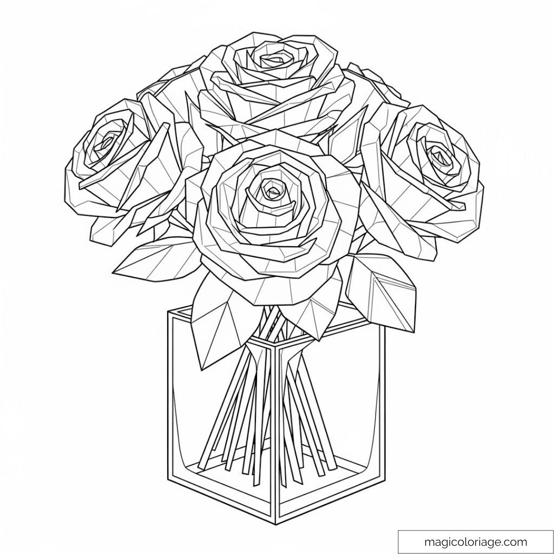 Bouquet de roses géométriques dans un vase carré à colorier.