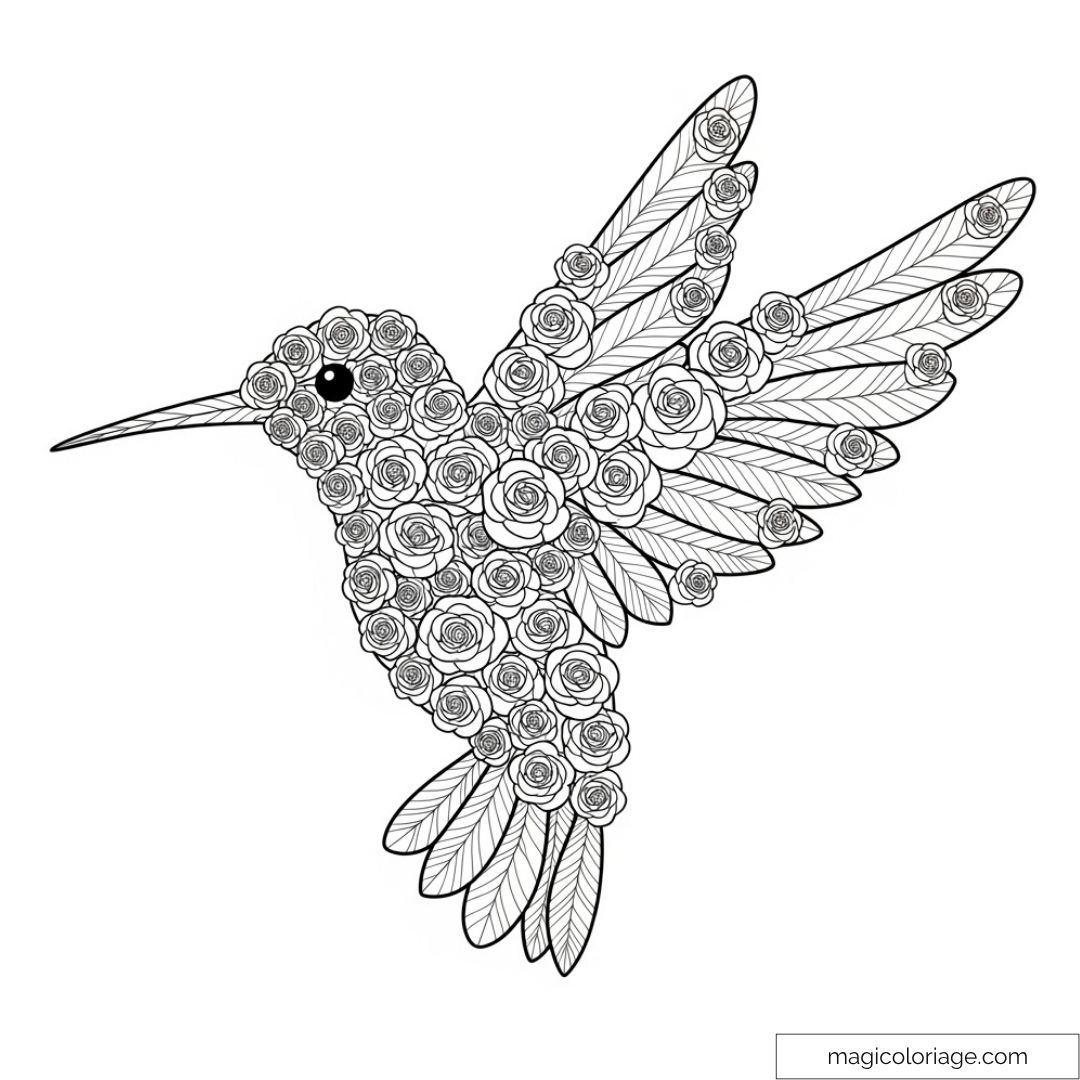 Dessin de colibri avec roses