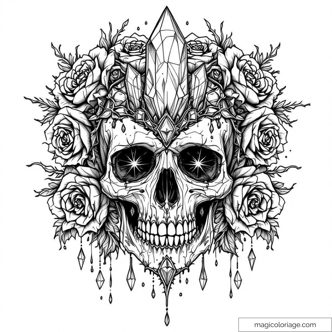Crâne orné de roses et cristaux