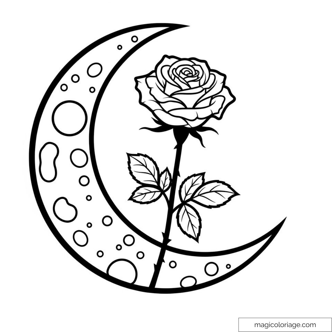 Dessin de rose et croissant de lune avec motifs