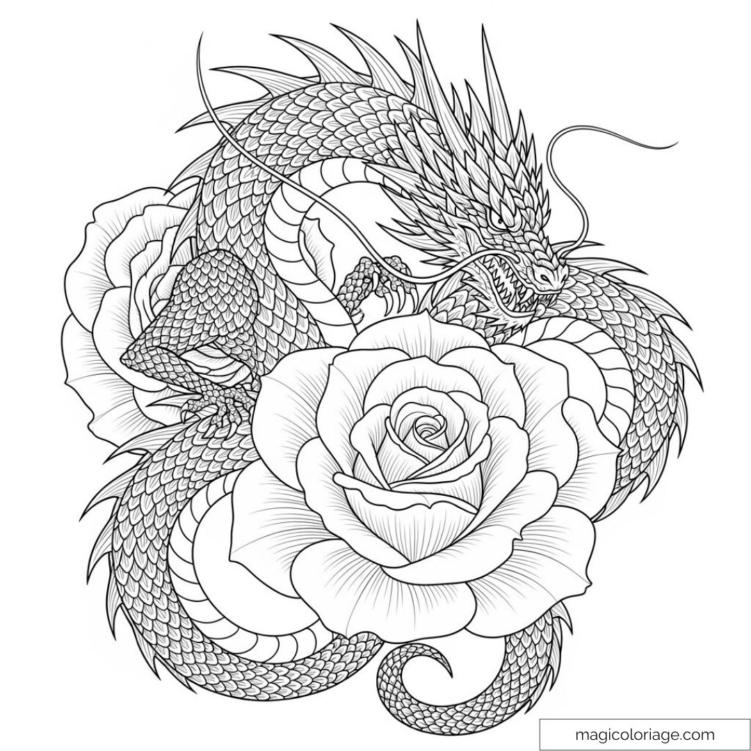 Dragon enroulé autour de roses avec détails fins pour colorier.