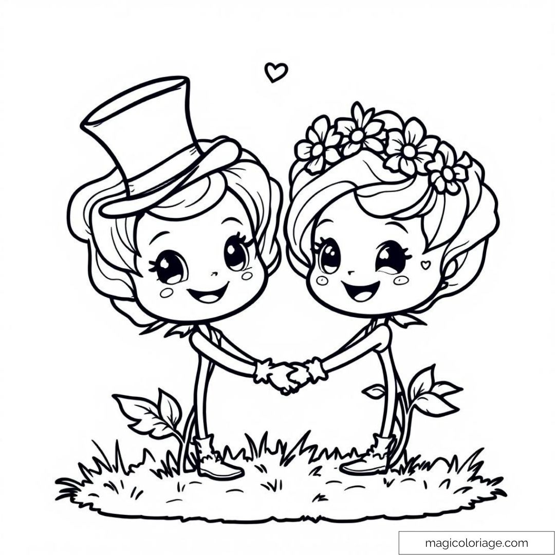 Dessin à colorier de deux personnages plantes souriants se tenant la main.