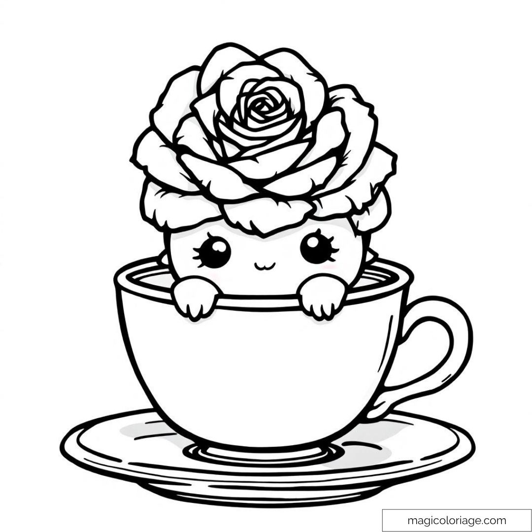 Dessin d'une rose kawaii dans une tasse à thé