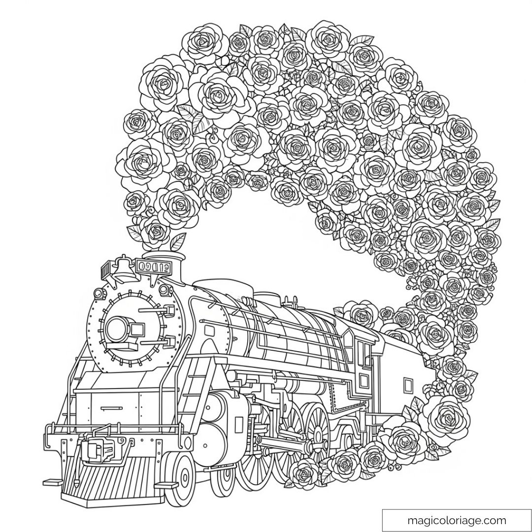 Dessin de locomotive avec nuage de roses