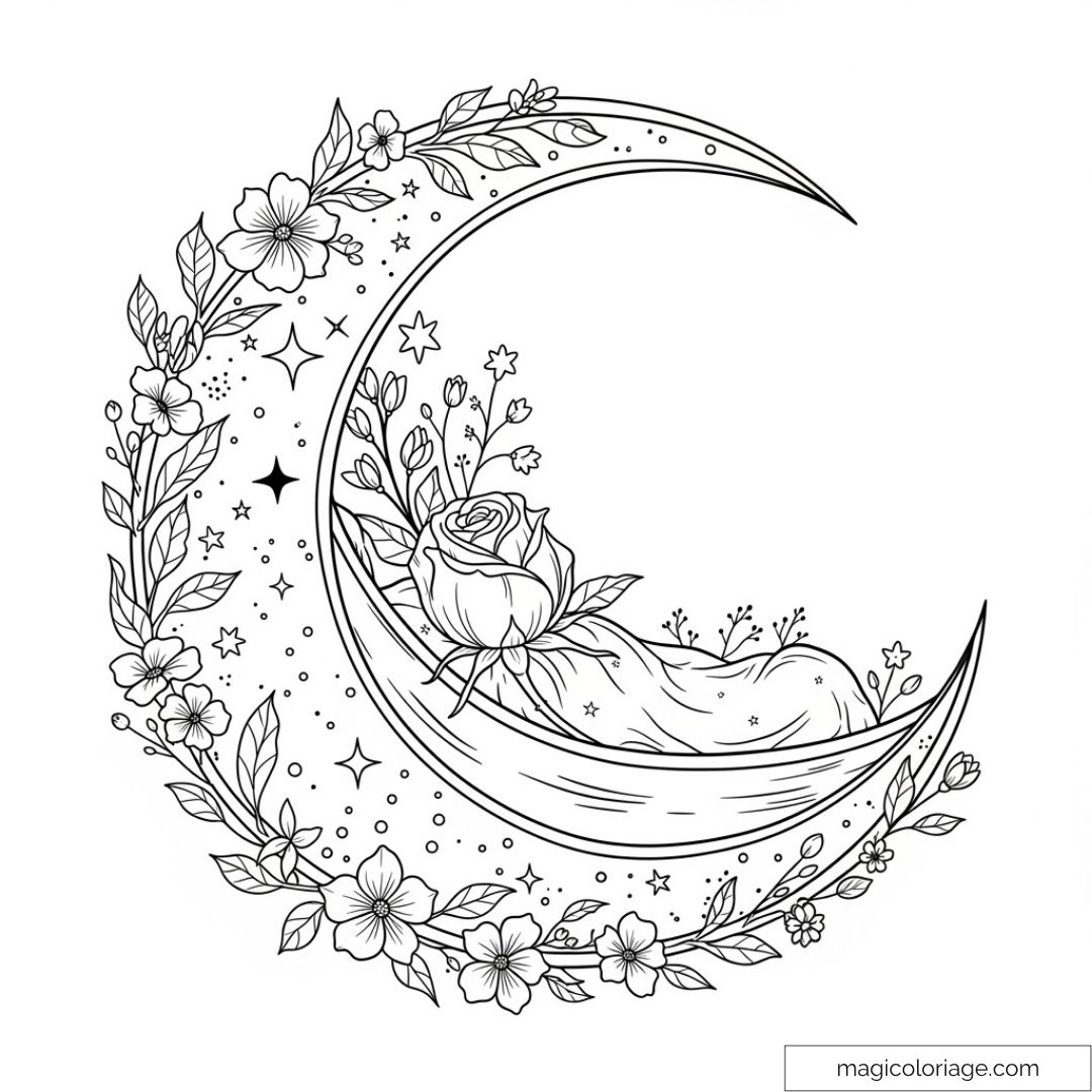 Dessin de lune avec fleurs