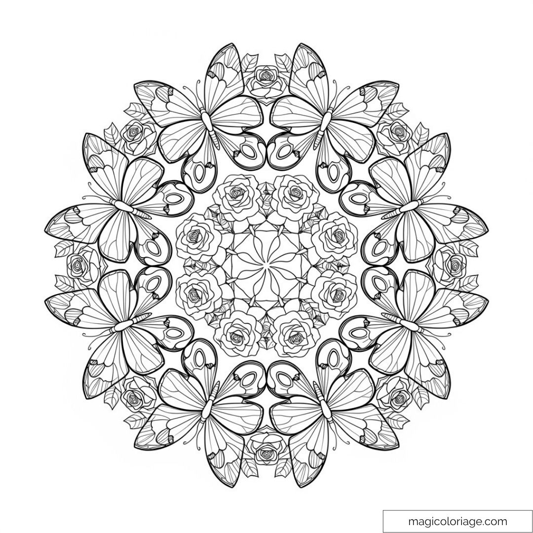 Mandala avec roses et papillons en lignes à colorier pour relaxation.