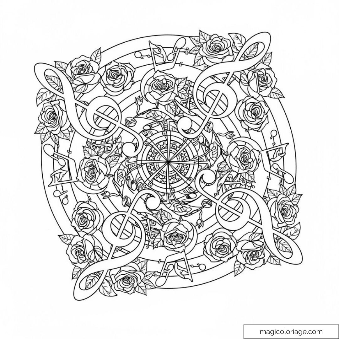 Dessin mandala musical avec notes de musique et roses