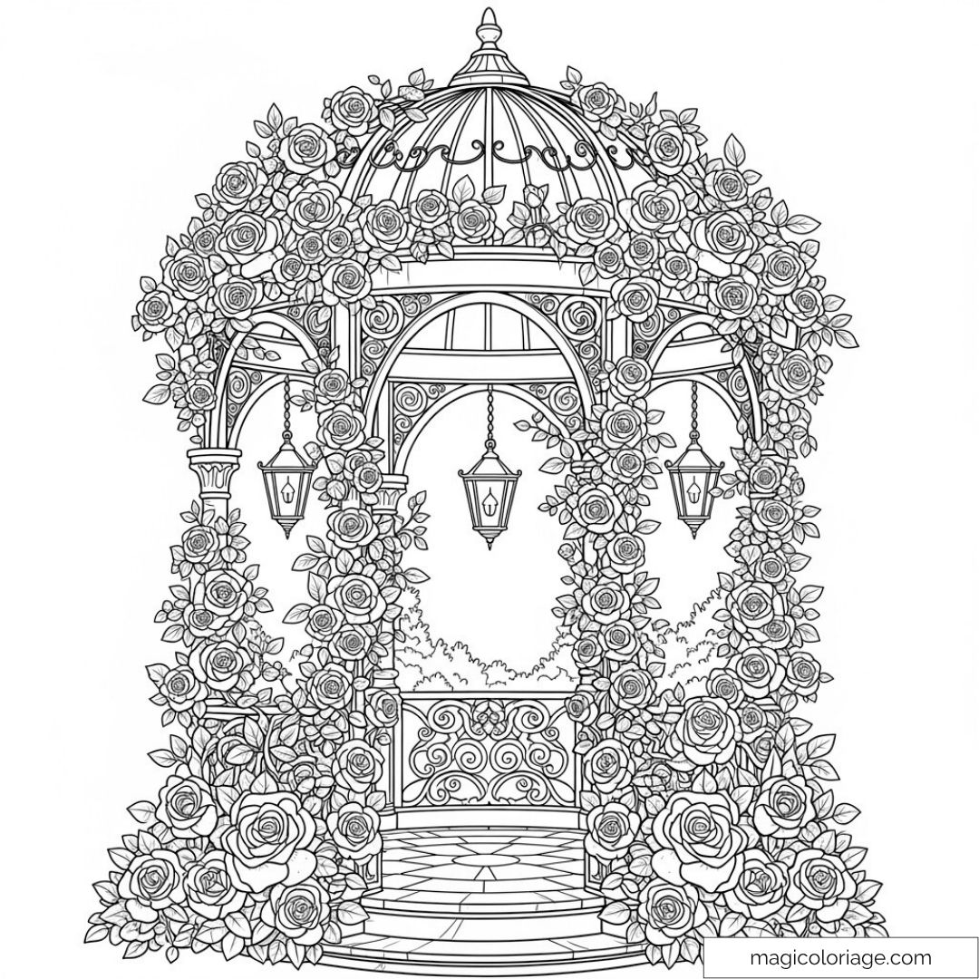 Coloriage de roses sur une pergola ornée de lampes suspendues