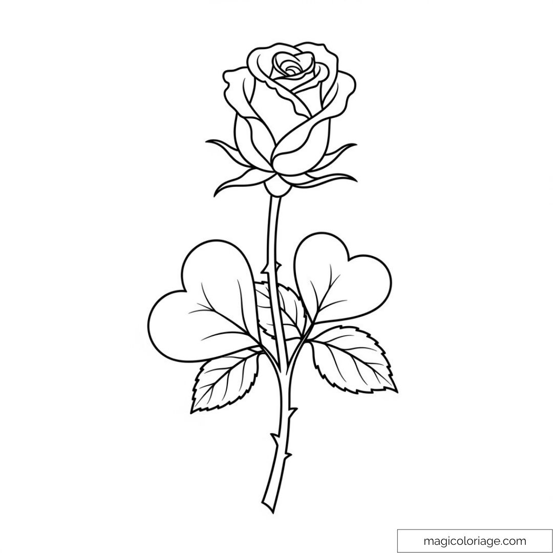 Dessin d'une rose avec feuilles et tige à colorier.