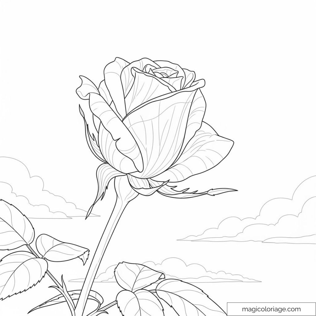 Dessin à colorier avec une rose détaillée dans un paysage paisible.