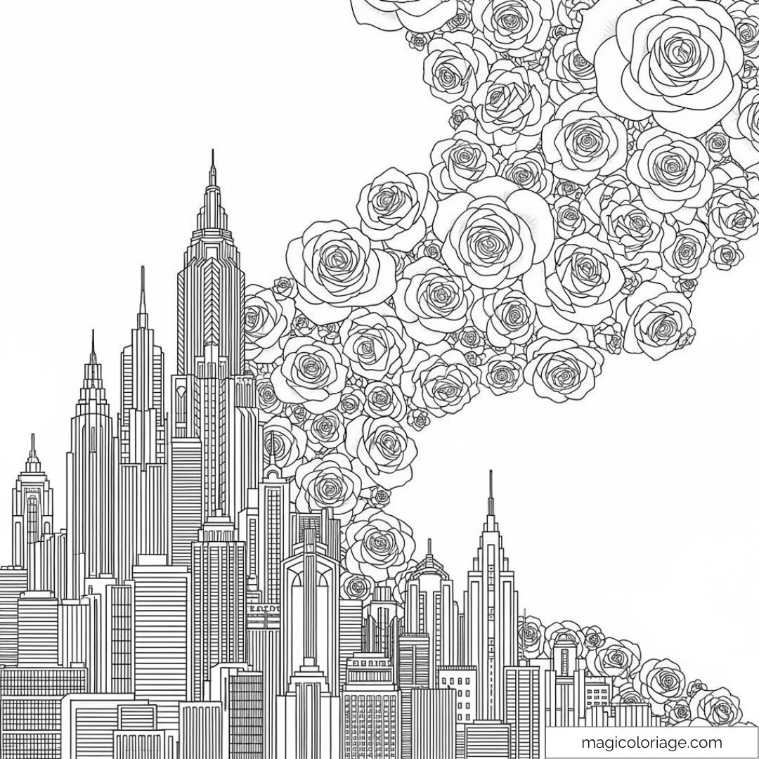 Dessin de roses flottant au-dessus de gratte-ciels
