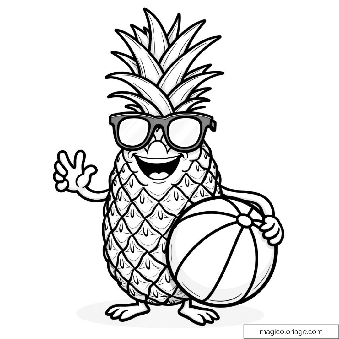 Illustration d'un ananas amusant portant des lunettes de soleil et tenant un ballon de plage.