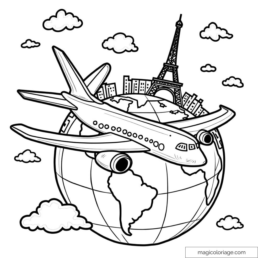 Dessin d'un avion volant autour du monde avec la Tour Eiffel en toile de fond.