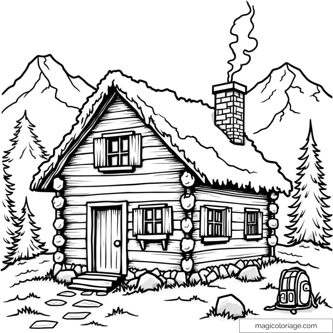 Chalet en bois dans les montagnes avec sapins et sac à dos.