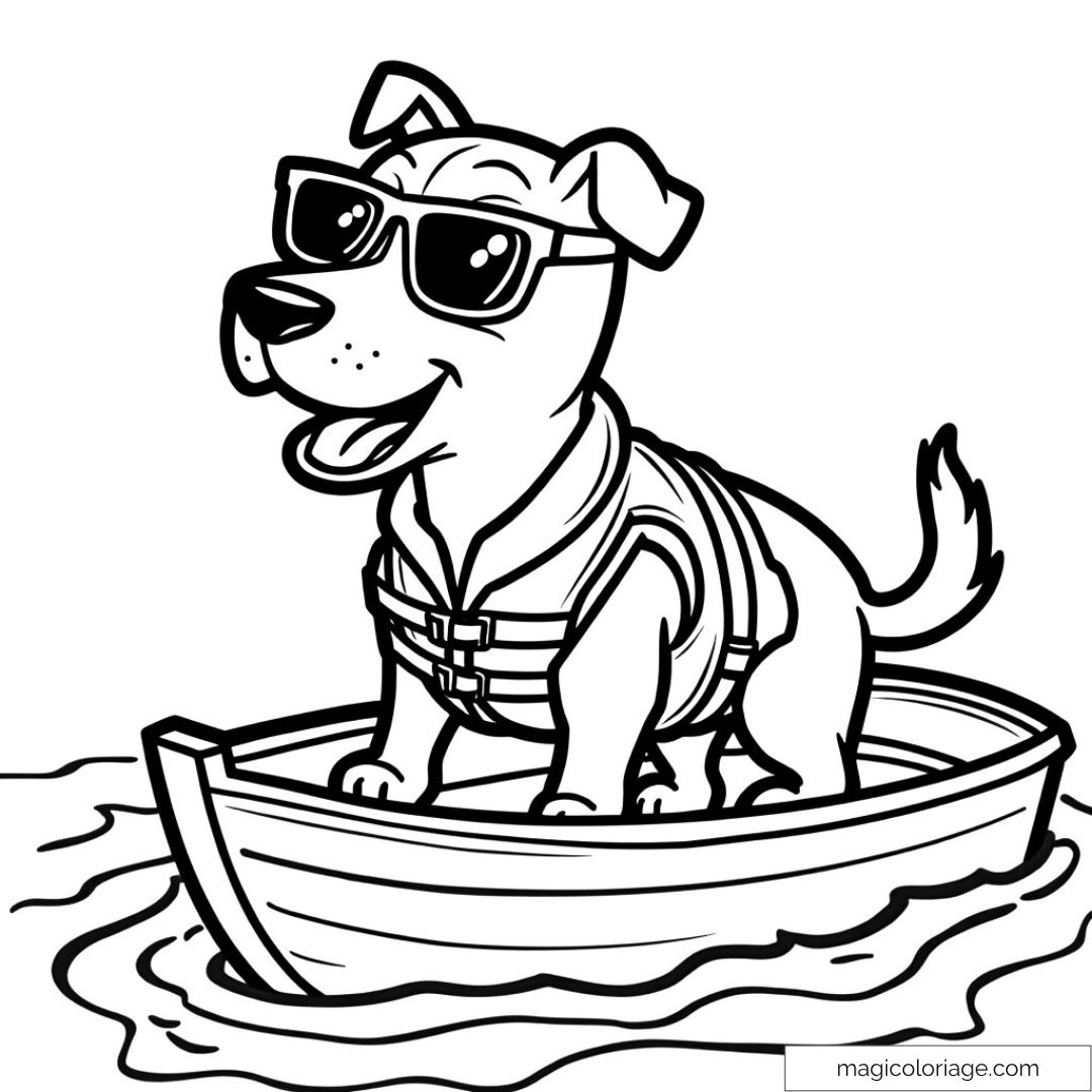 Coloriage chien sur bateau avec lunettes