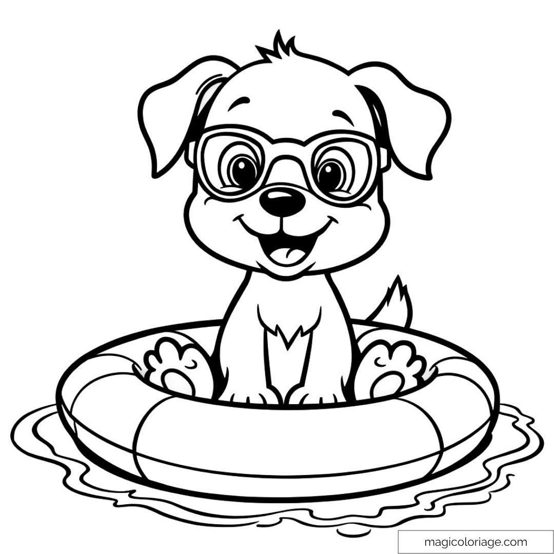 Dessin de chiot avec lunettes sur une bouée à colorier.