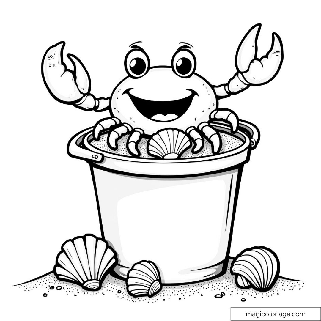 Crabe souriant dans un seau de sable entouré de coquillages