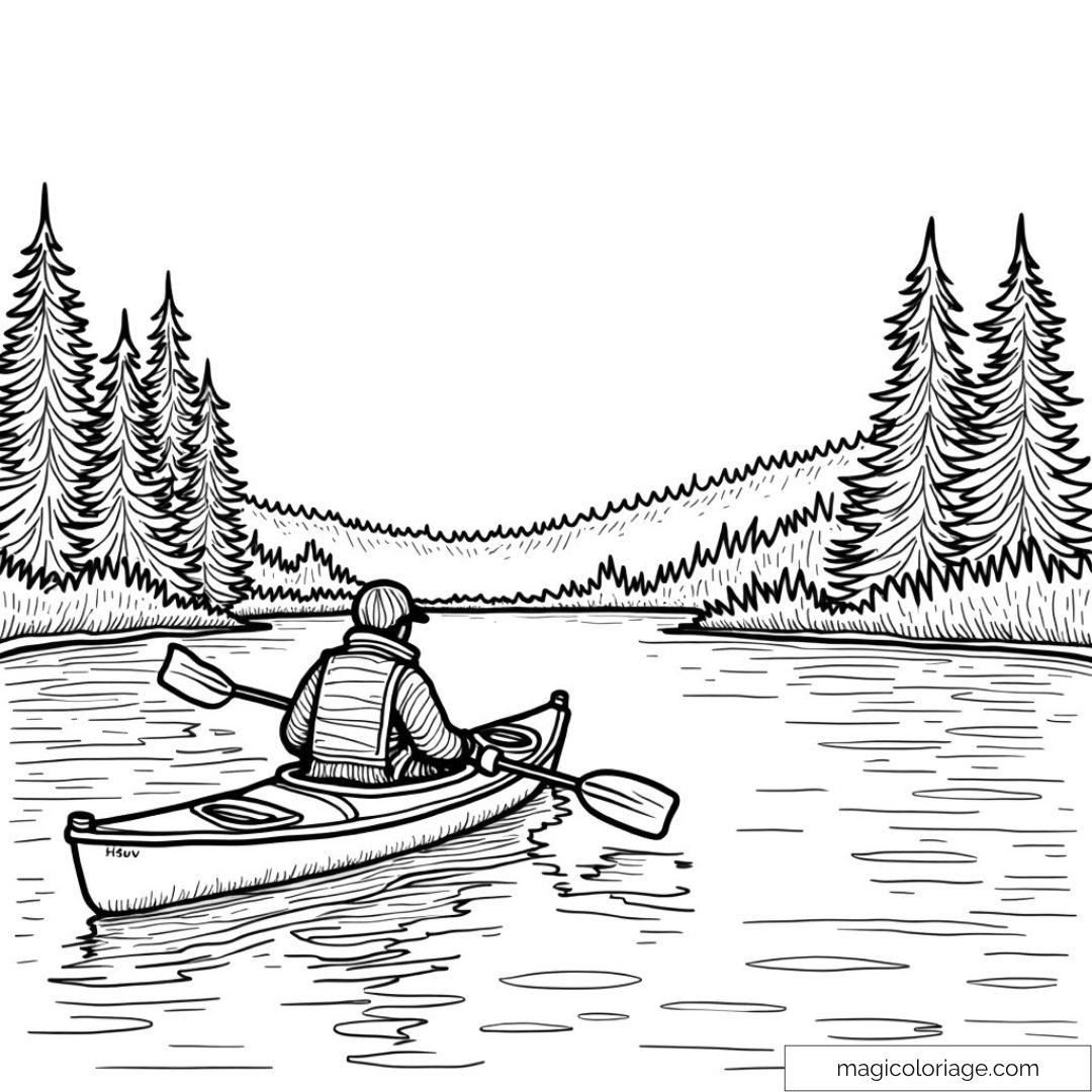 Coloriage d'un kayakiste sur un lac entouré de forêts