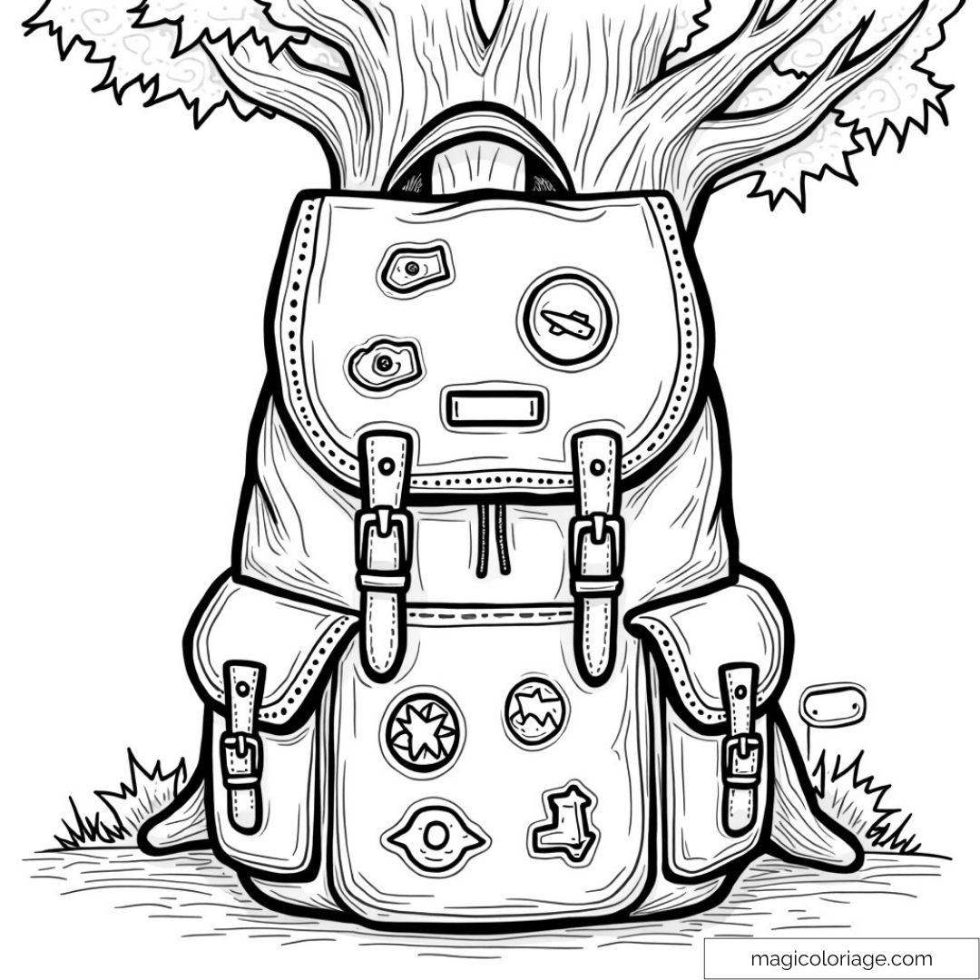 Dessin de sac à dos avec badges sous un arbre à colorier