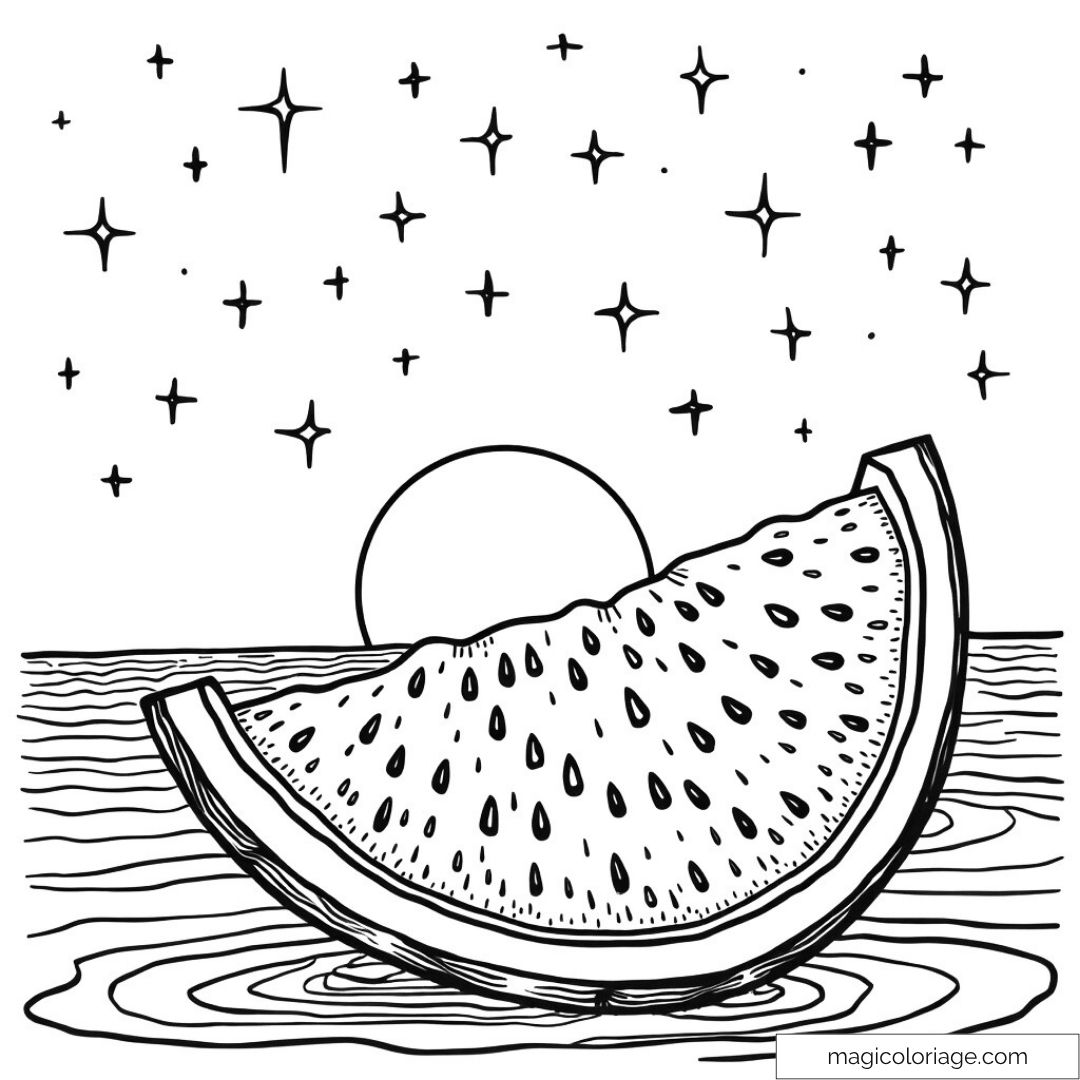 Illustration de pastèque sur l'eau avec ciel étoilé.