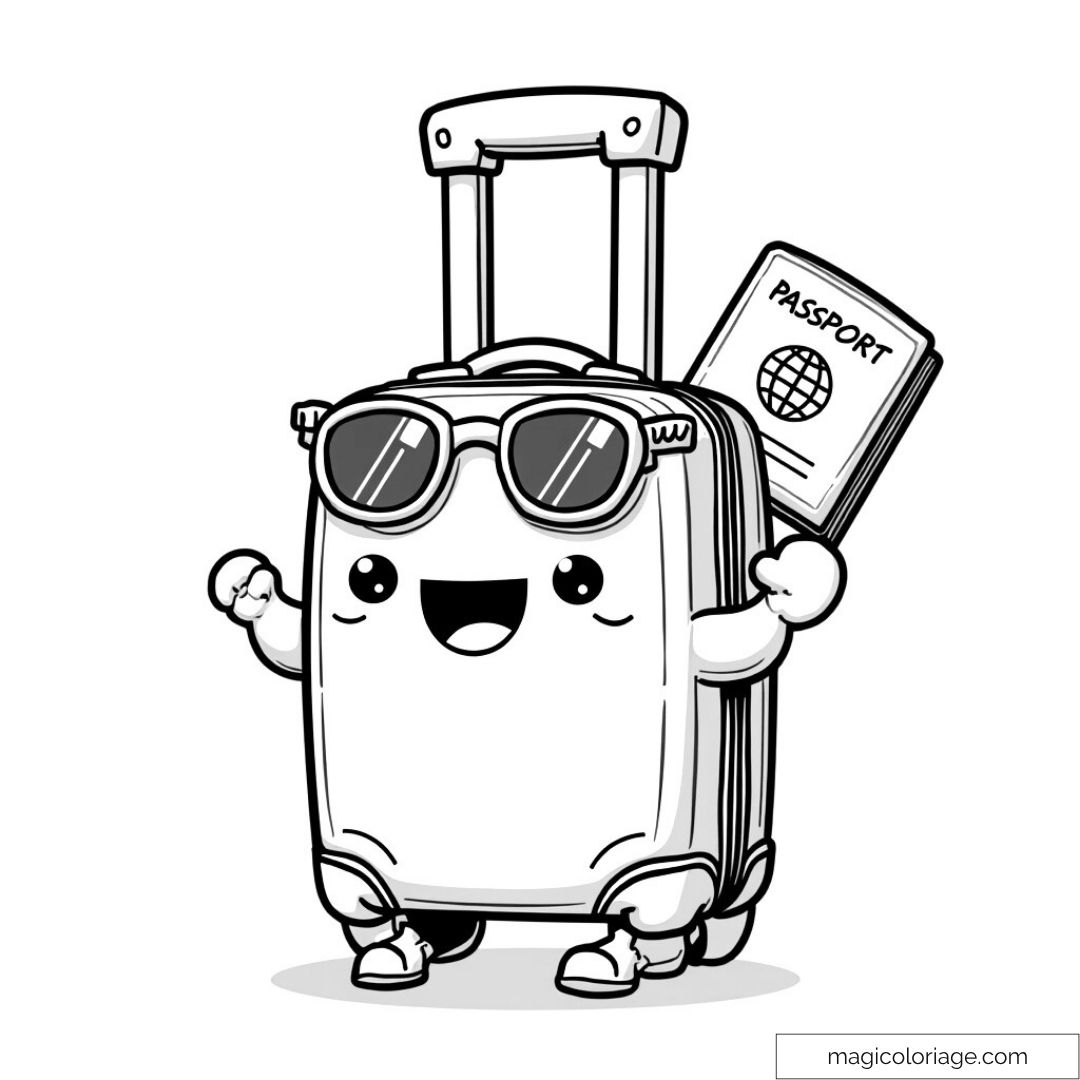 Valise joyeuse avec lunettes de soleil et passeport