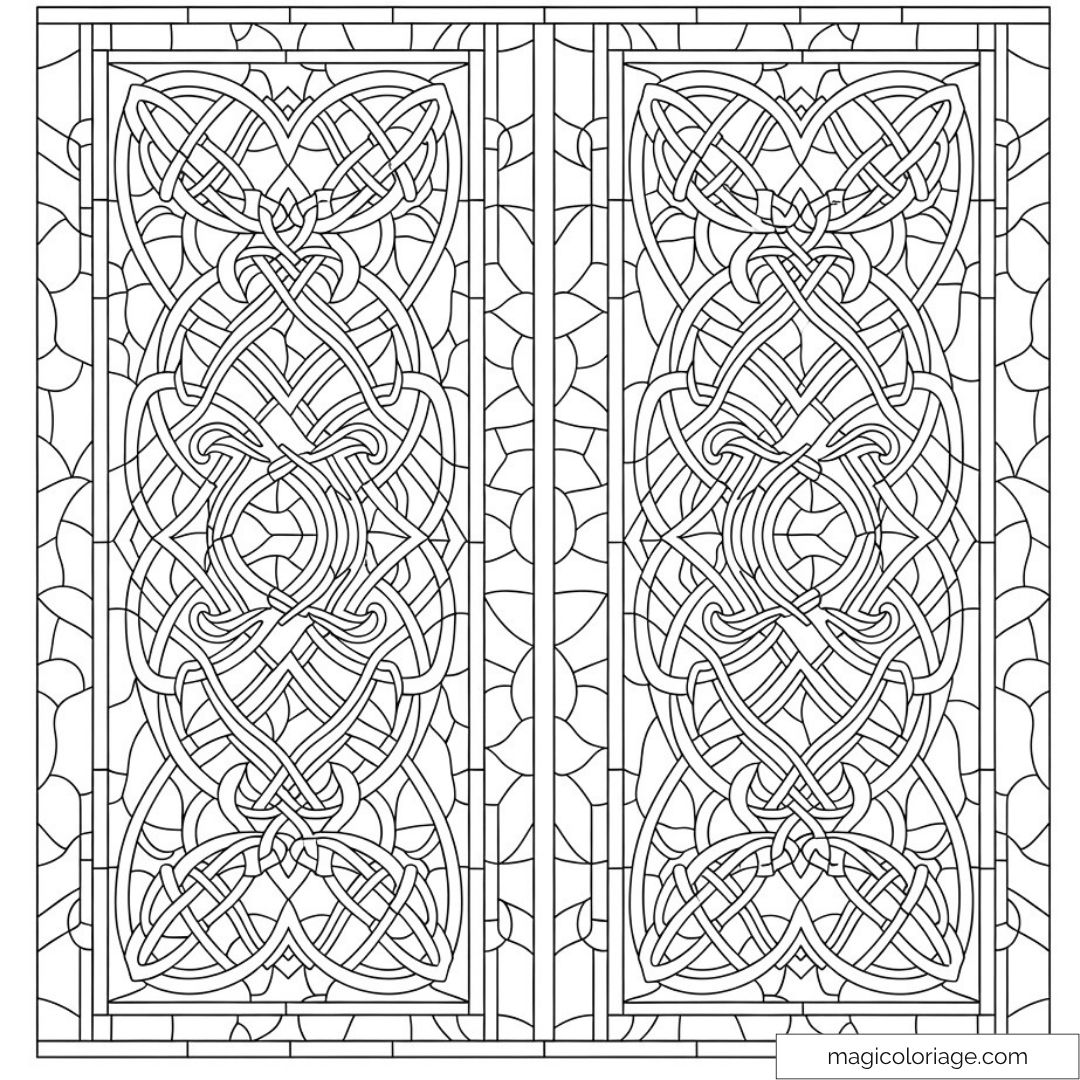 Dessin complexe Art Nouveau avec motifs géométriques intriqués.