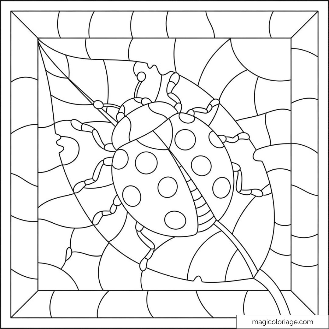 Coloriage coccinelle sur feuille avec motifs géométriques