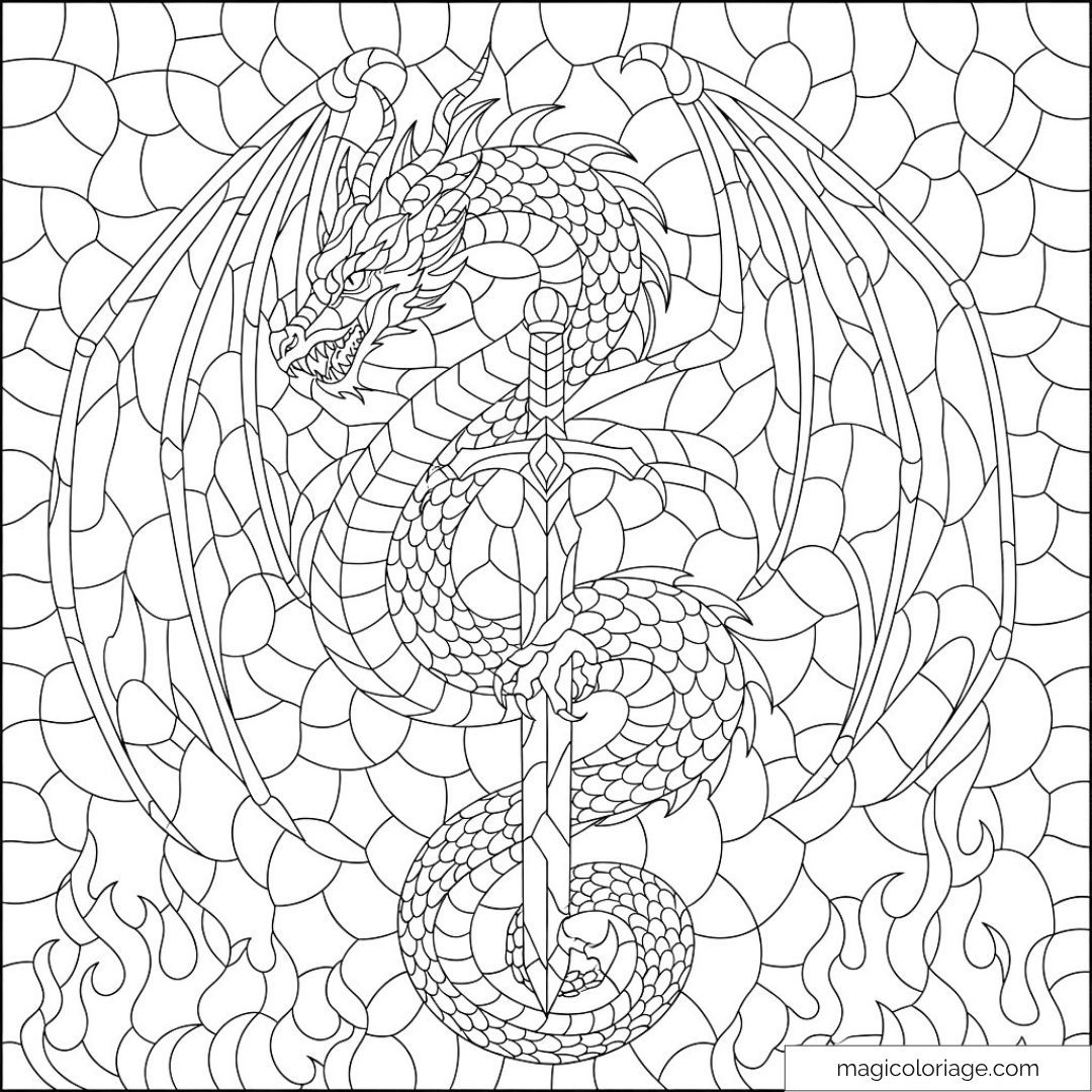 Dessin dragon fantastique avec épée et flammes à colorier.