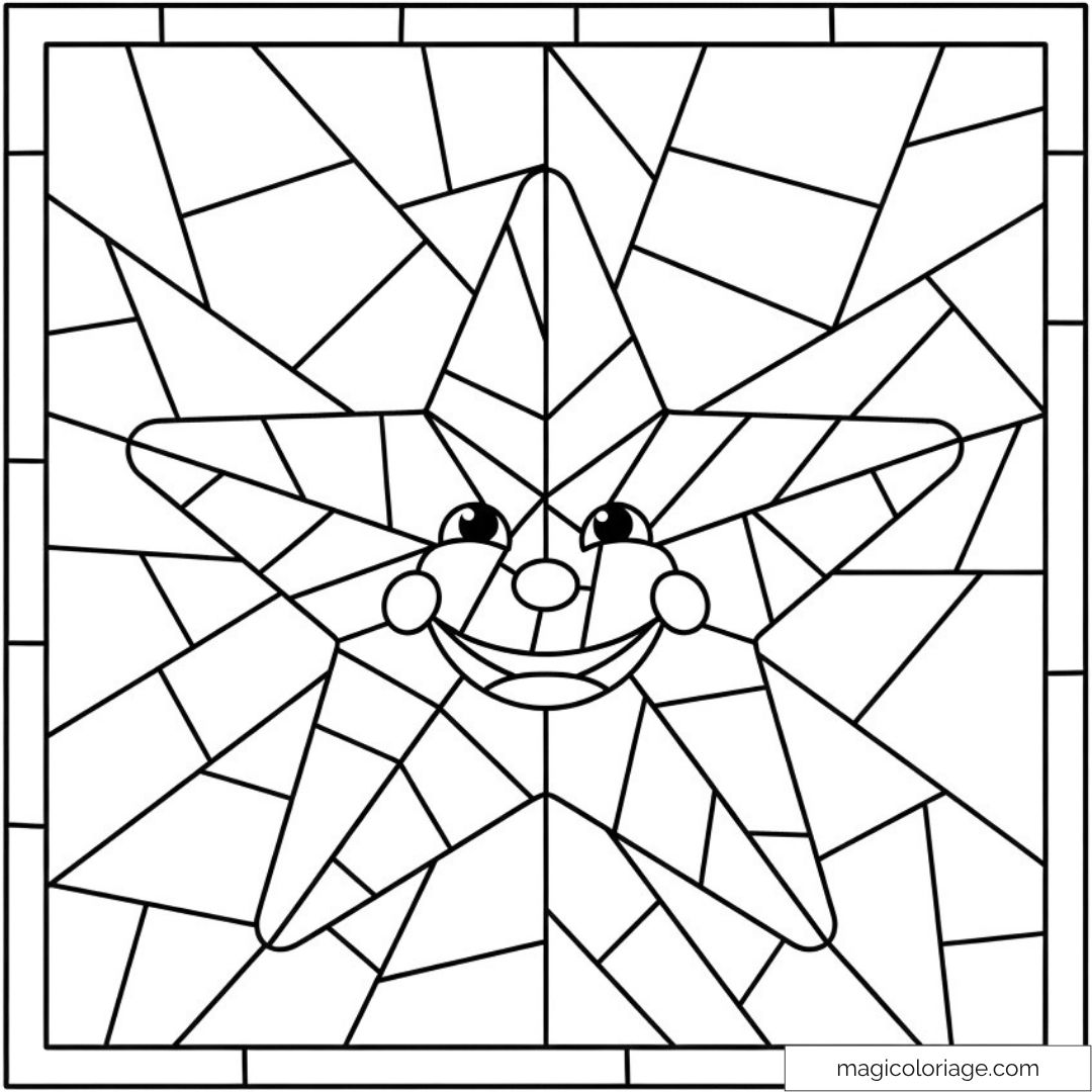 Étoile souriante en mosaïque à colorier pour enfants et adultes.