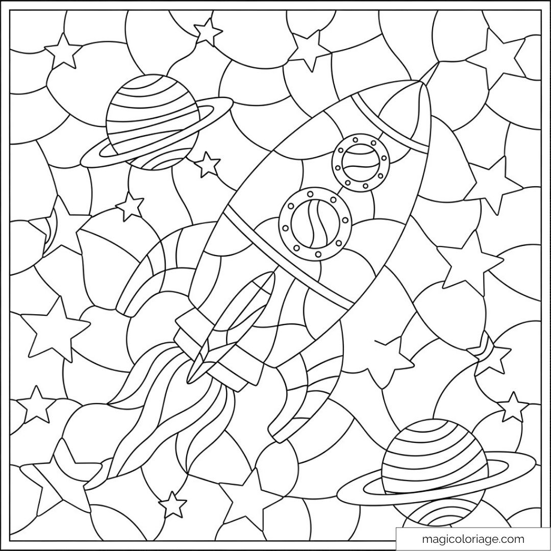 Dessin fusée et planètes dans l'espace avec étoiles