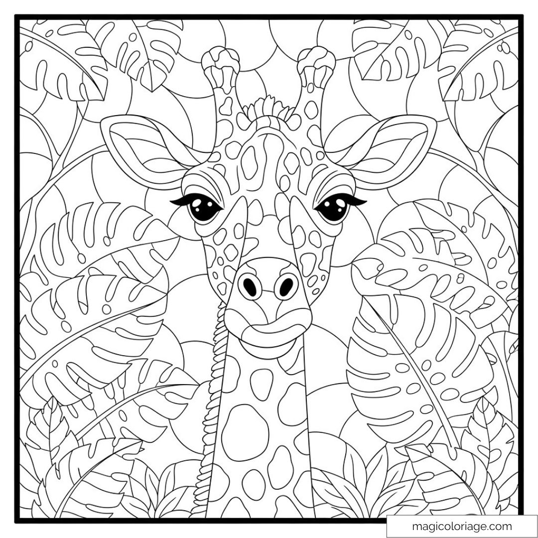 Girafe parmi des feuilles tropicales à colorier.