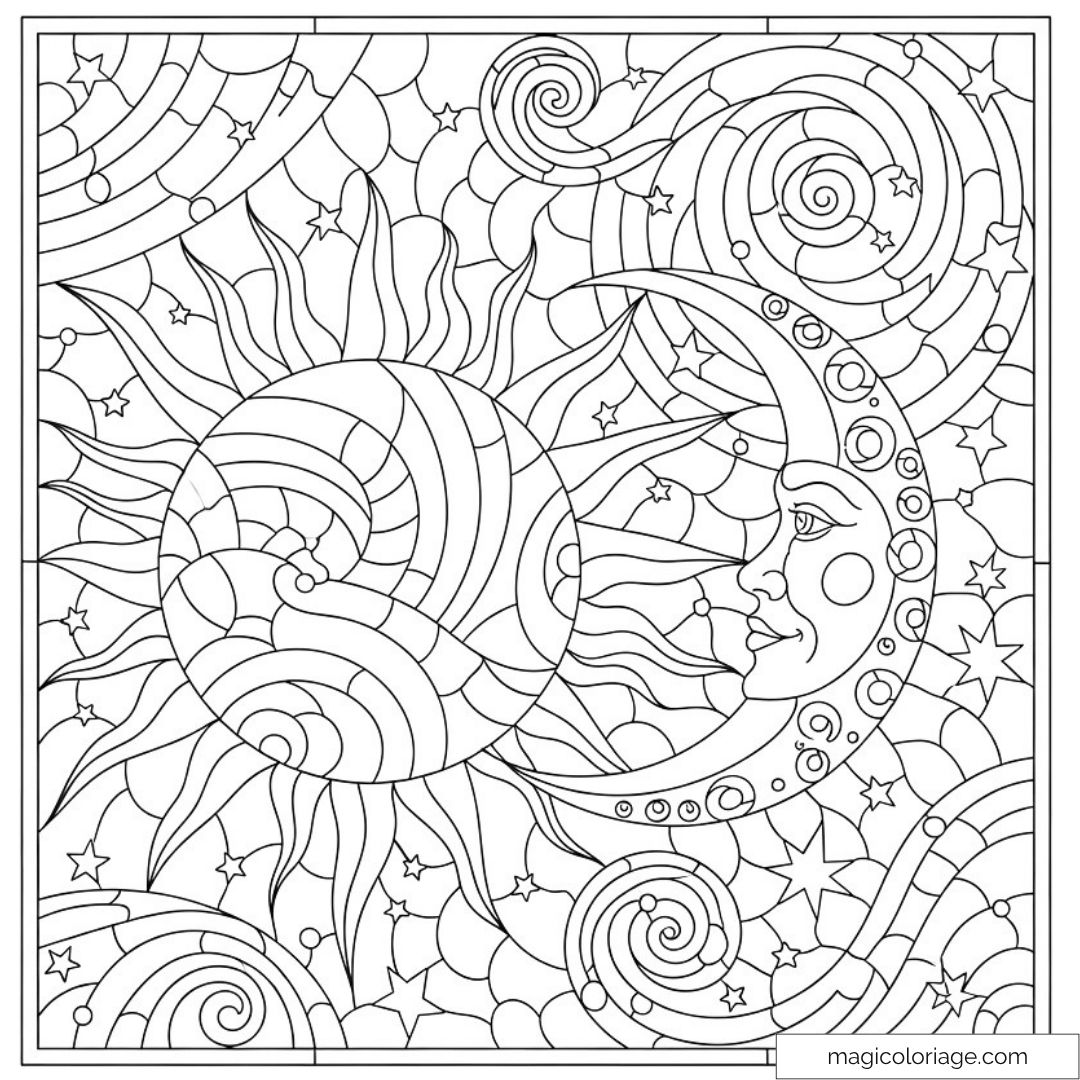 Coloriage mandala soleil et lune détaillé avec étoiles et spirales