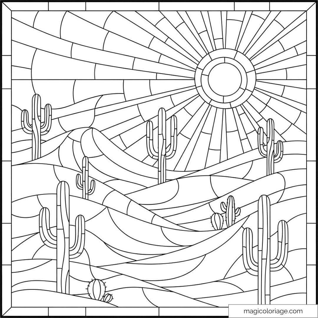 Dessin de paysage désertique avec cactus et soleil pour coloriage