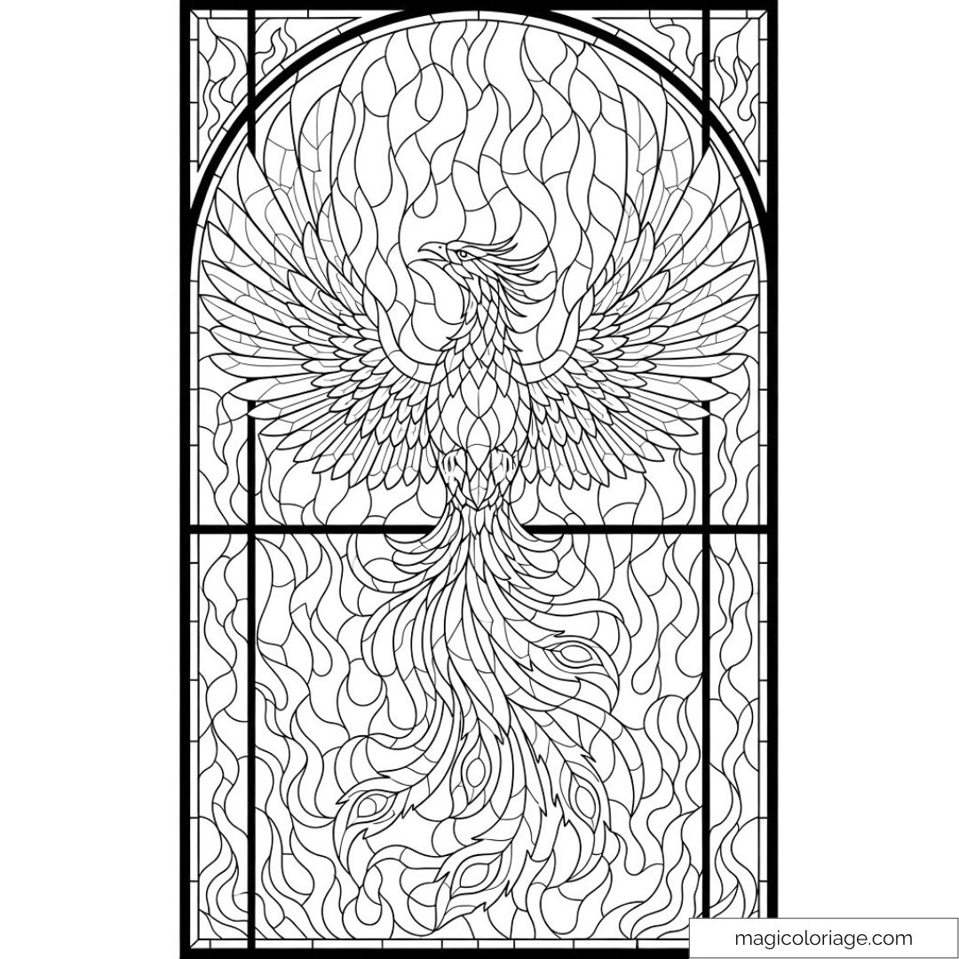 Phénix dans un style vitrail captivant pour coloriage inspiré et relaxant.