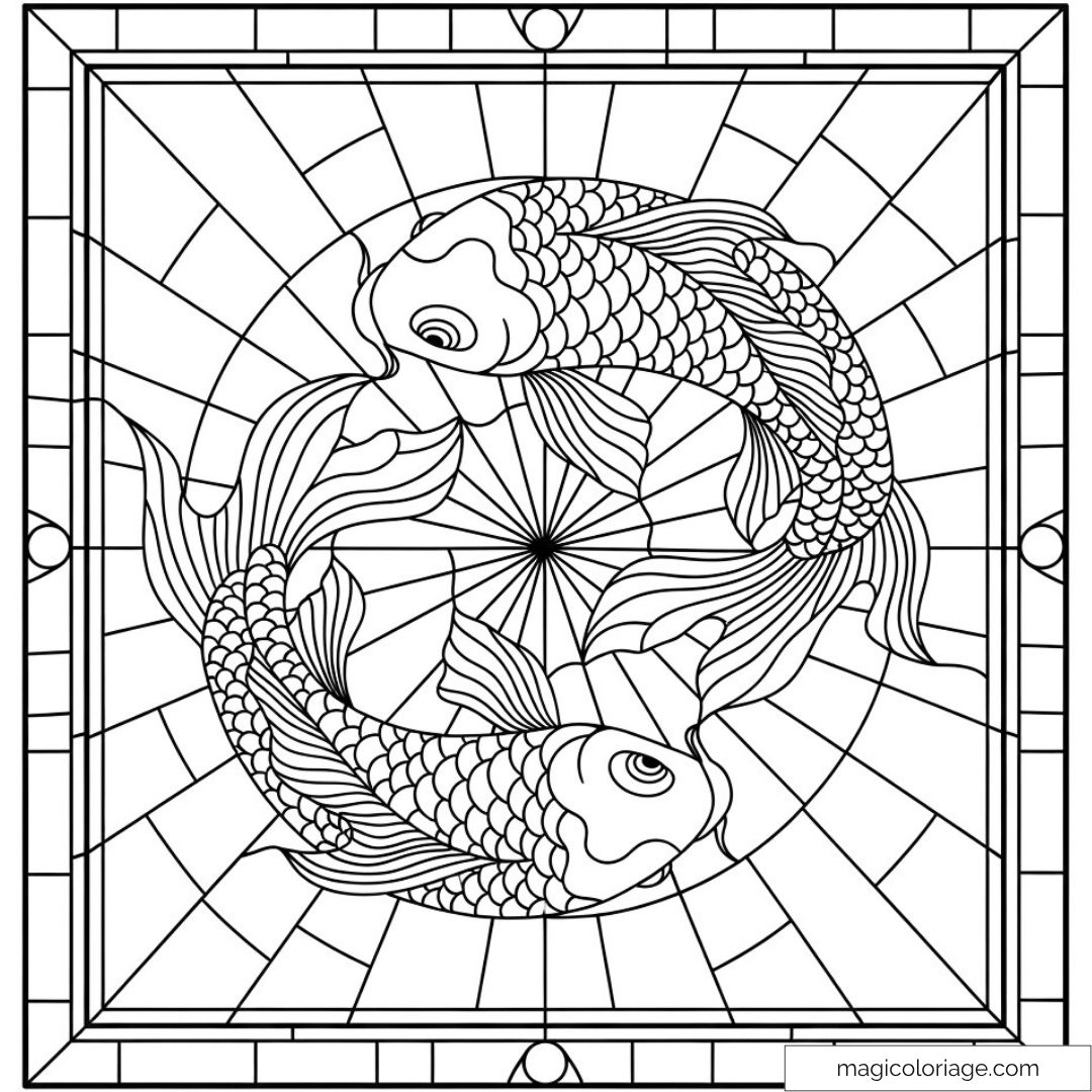 Coloriage poissons koi s'entrelacent dans un mandala relaxant