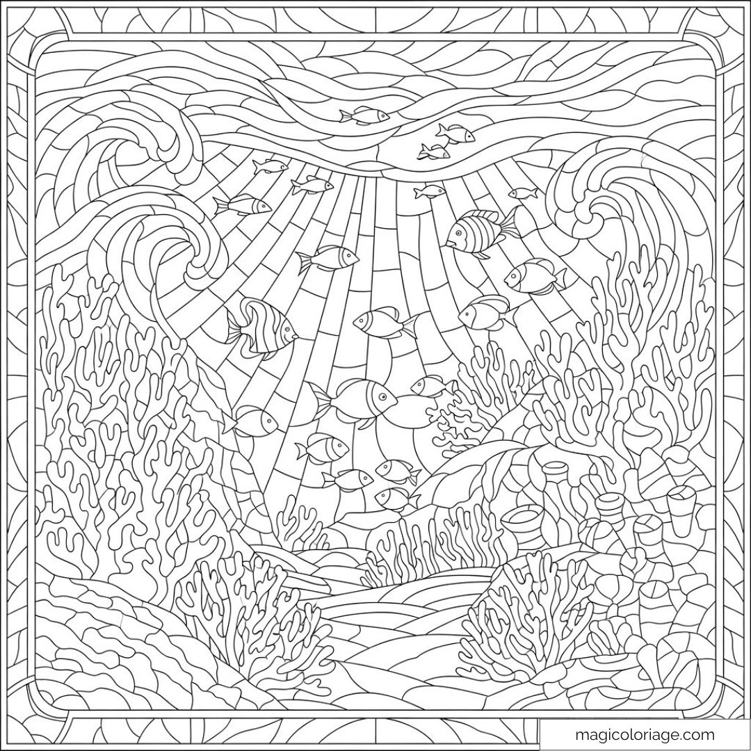 Coloriage récif corallien avec poissons et algues