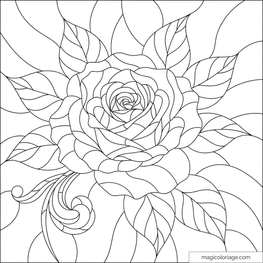 Dessin de rose complexe avec feuilles élégantes