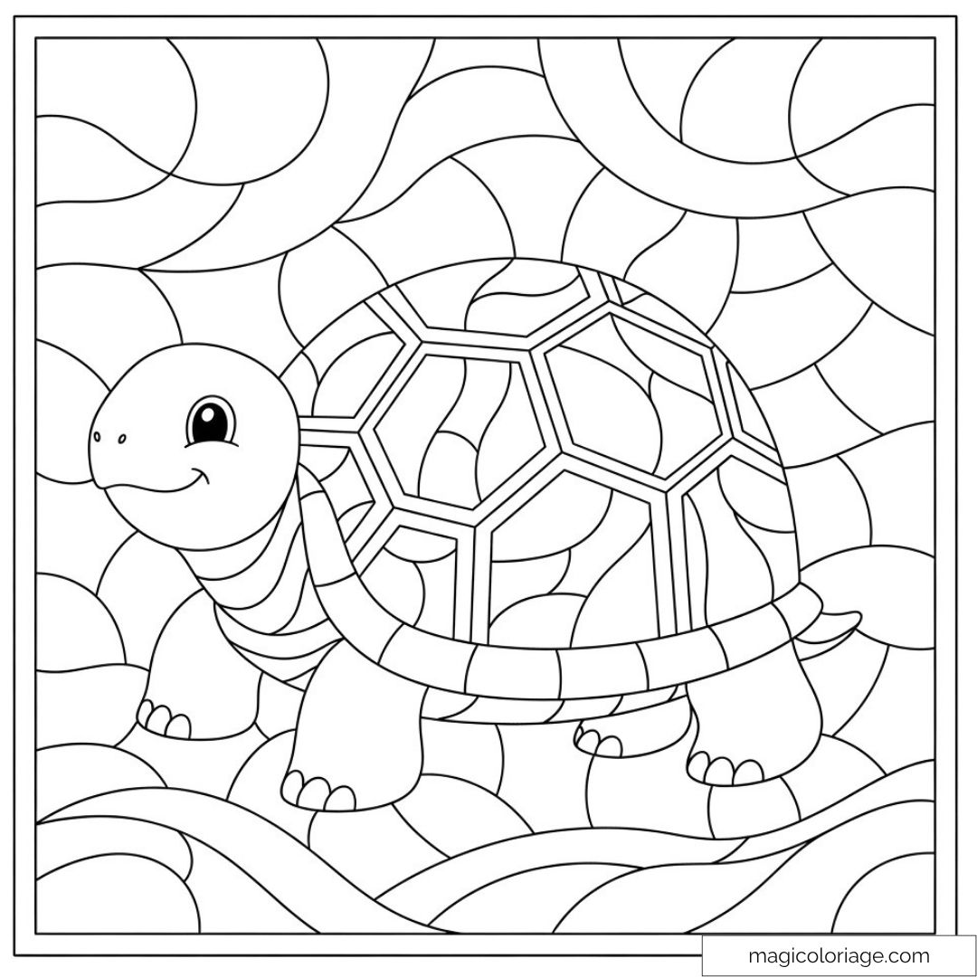 Tortue souriante à colorier avec motifs de fond ondulés.